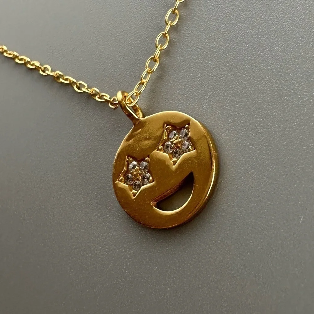 14K Gold Vermeil Star Eyes Smiley Emoji CZ Pendant Necklace